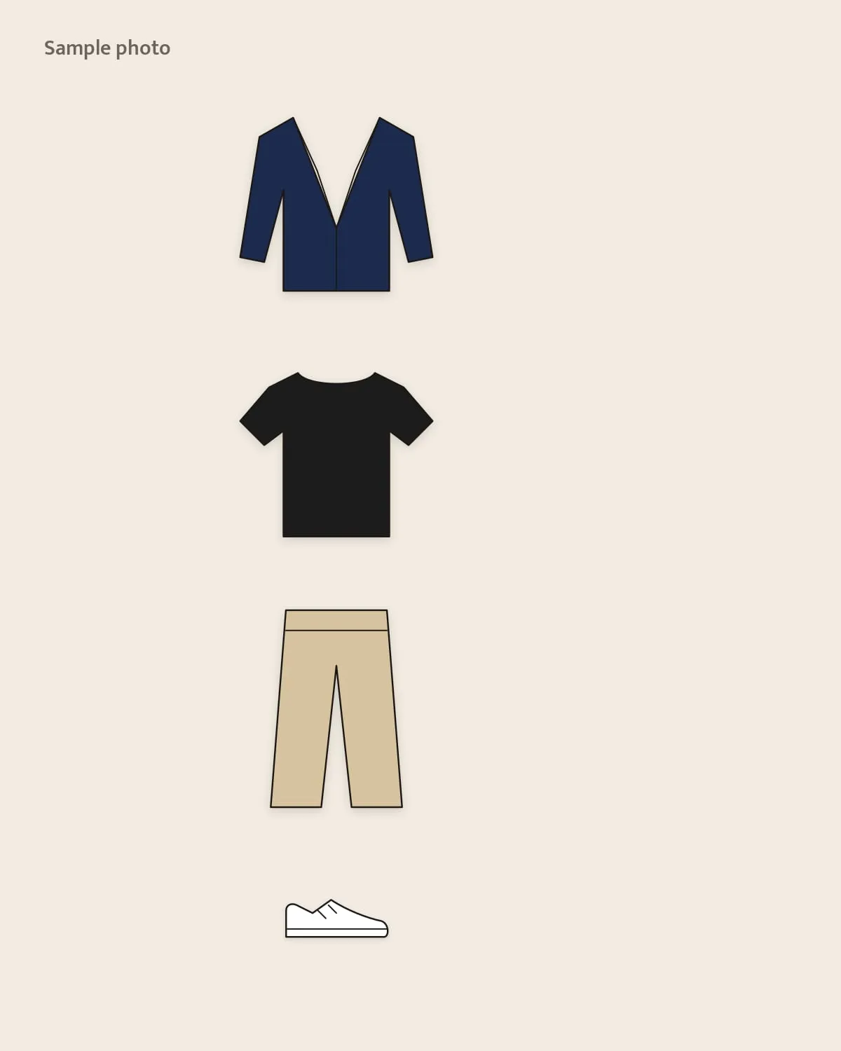 Sample placeholder: black oversized tee under a navy blazer with beige chinos