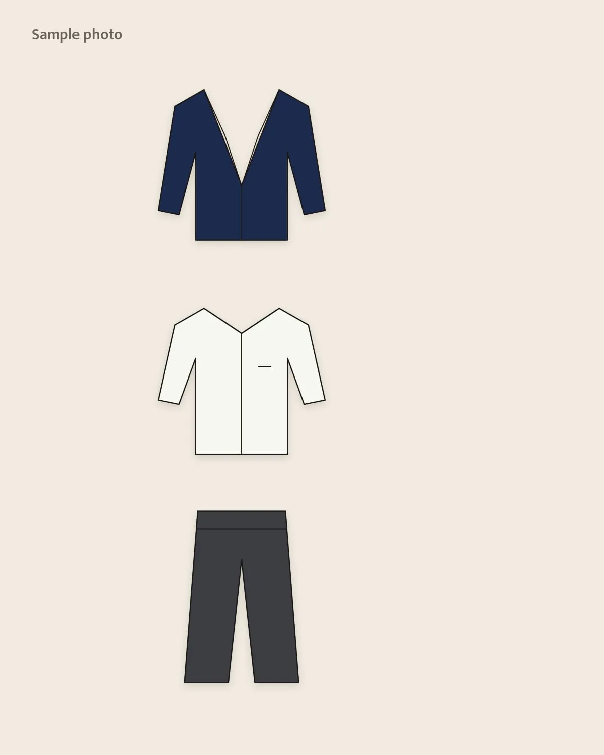 Sample placeholder: navy blazer over a white shirt with charcoal trousers