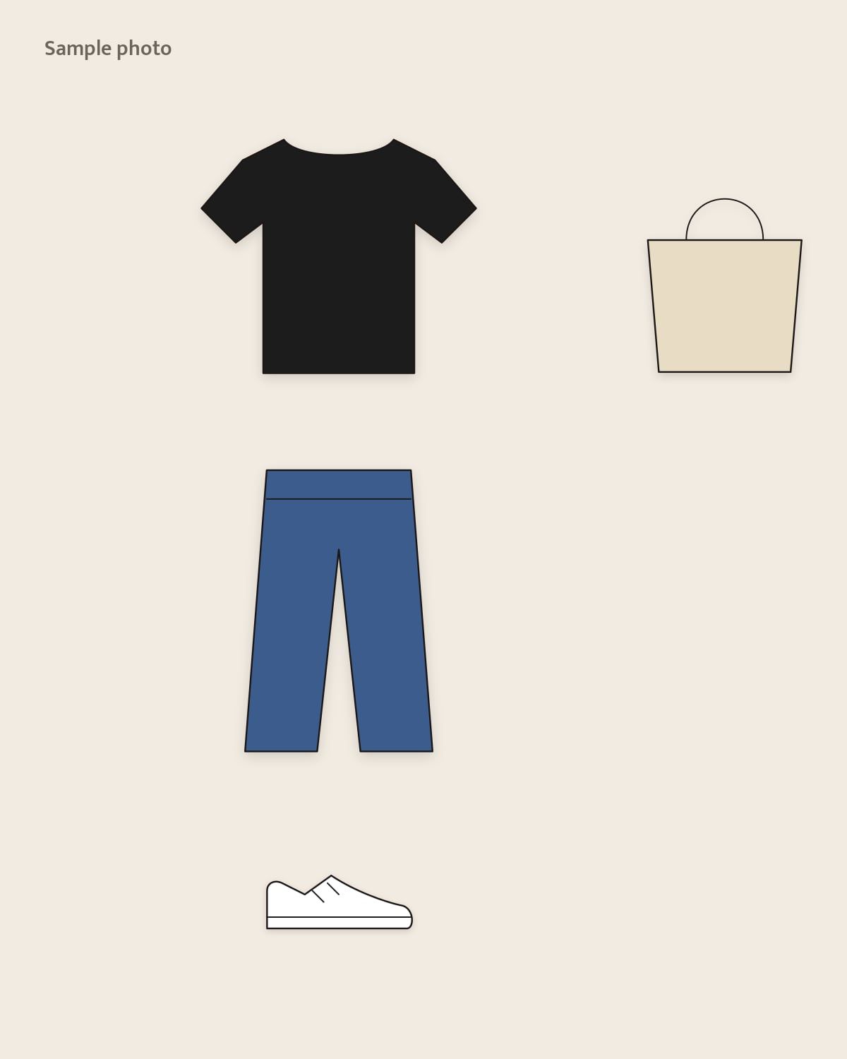 Sample placeholder: black oversized tee with mid-blue jeans and white sneakers