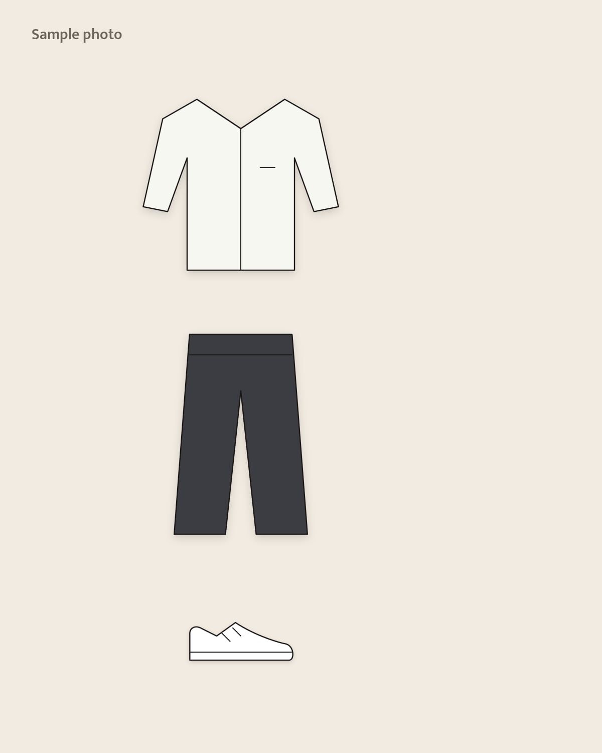 Sample placeholder: white oxford shirt tucked into charcoal trousers