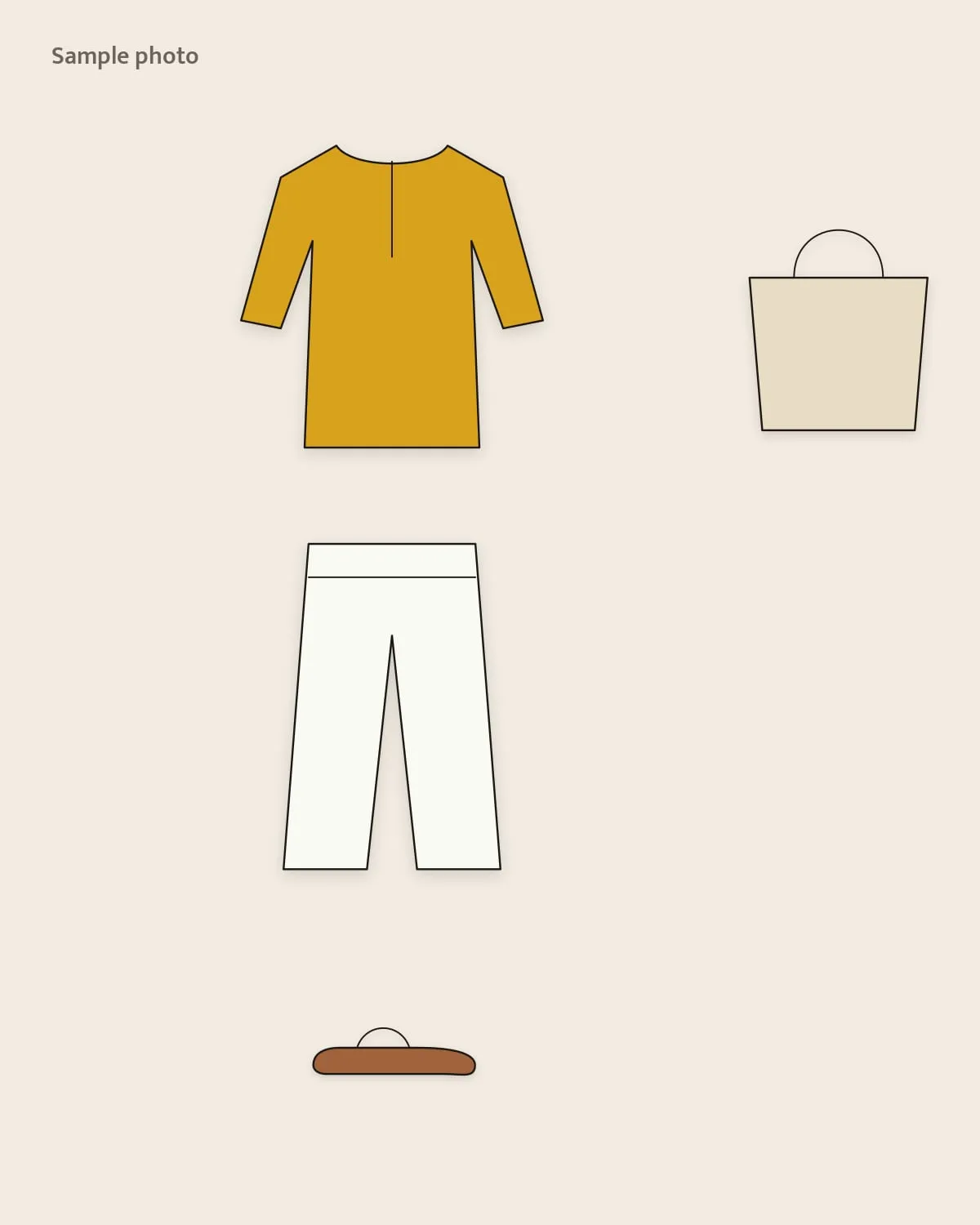Sample placeholder: mustard kurti with white palazzo, tan kolhapuris and a canvas tote